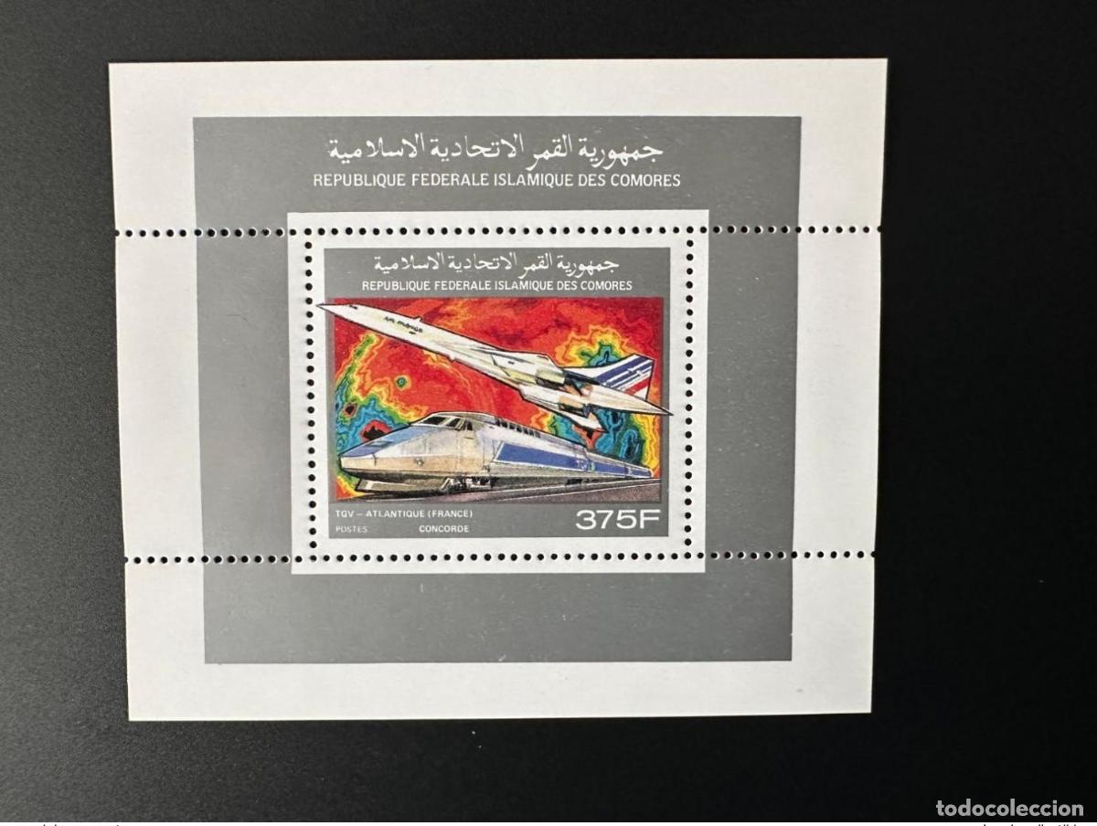 Selos: Comoras 1990 Mi. 946 Bloque de lujo TGV Atlantique Railways Concorde Avi&oacute;n