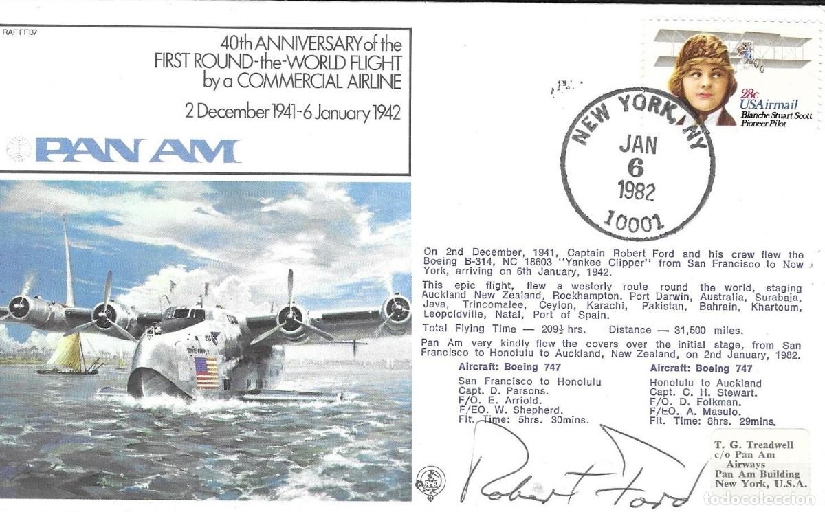 Sellos: Sobre Conmemorativo Pan Am 1982 - 40&ordm; Aniversario del Primer Vuelo Alrededor del Mundo - Firmado