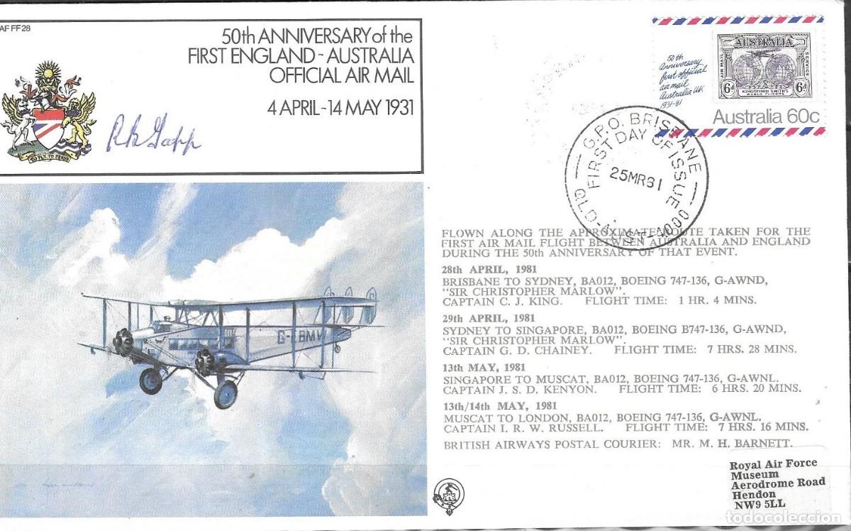 Sellos: Sobre Conmemorativo AUSTRALIA 1981 British Airways Australia-Inglaterra - Firmado RAF Museum