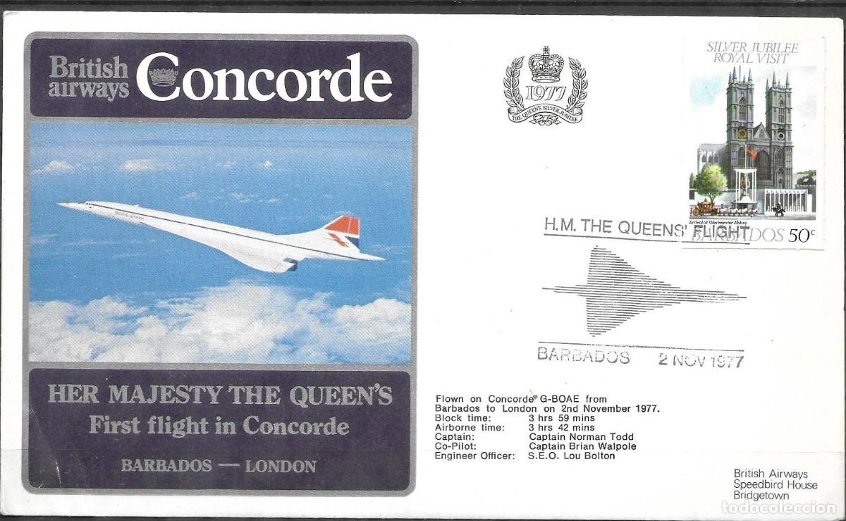 Sellos: Sobre Primer Vuelo Concorde Reina Isabel II 1977 - Barbade a Londres G-BOAE Jubileo de Plata