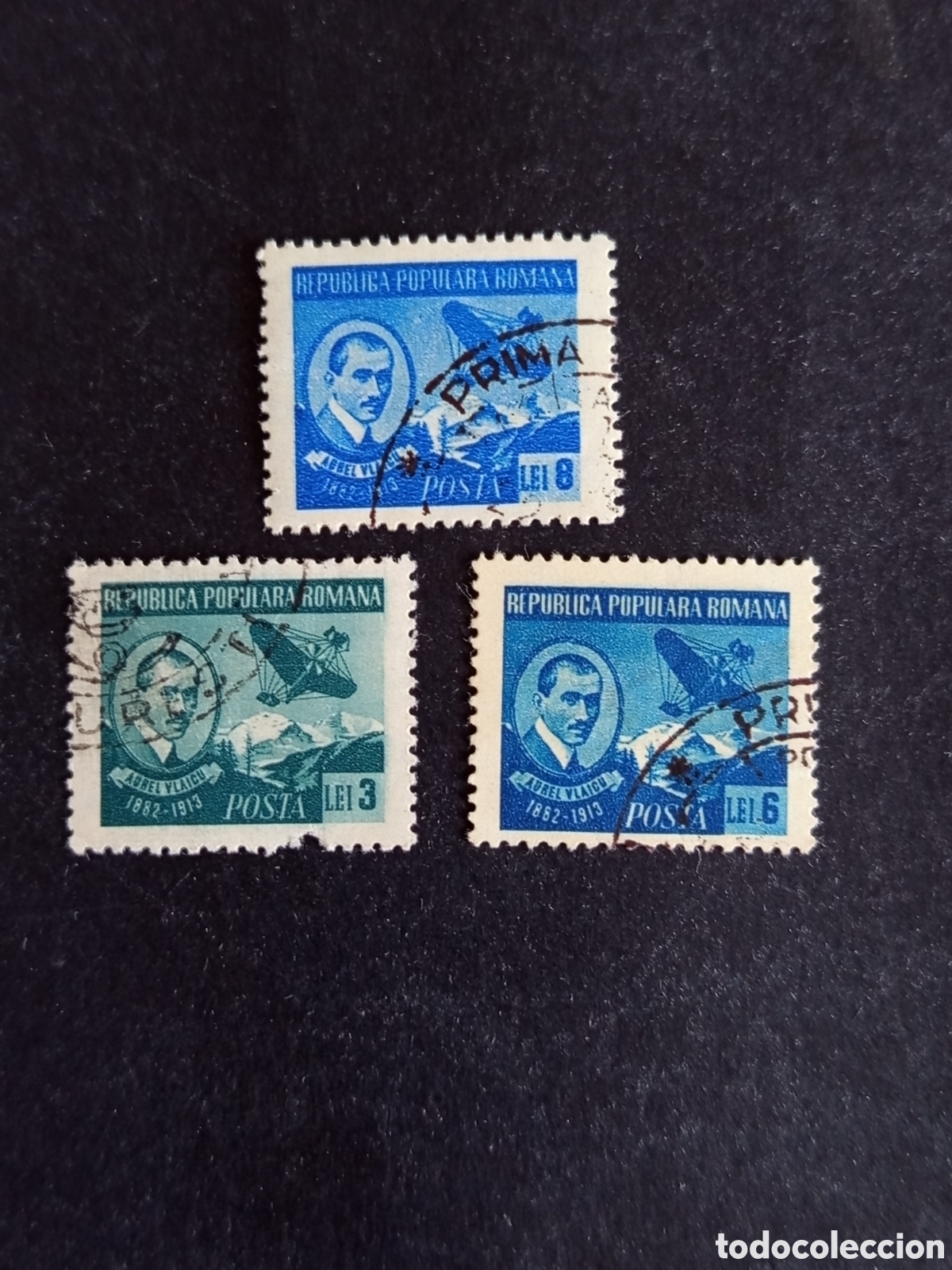 Sellos: Ruman&iacute;a, 1950. Aurel Vlaicu y su avi&oacute;n. Yv. 1121/3. Serie completa. Pedido m&iacute;nimo 3 &euro;. Ver fotos.