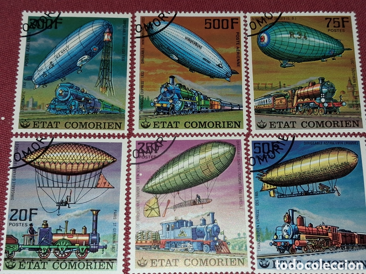 Sellos: Sello (2series) Comoras mtdo 1977. Historia dirigible. Globo. Trenes. Locomotoras. Vuelos. Zeppelin.