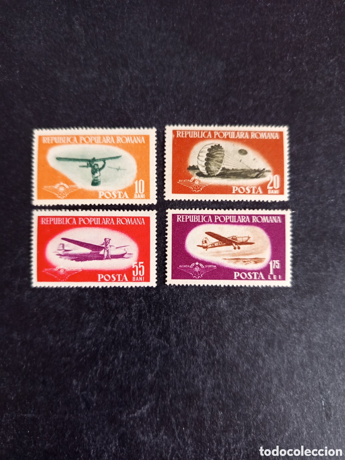 Sellos: Ruman&iacute;a, 1953. Aviaci&oacute;n Civil. Yv. 1323/6. Serie completa. Pedido m&iacute;nimo 3 &euro;. Ver fotos.