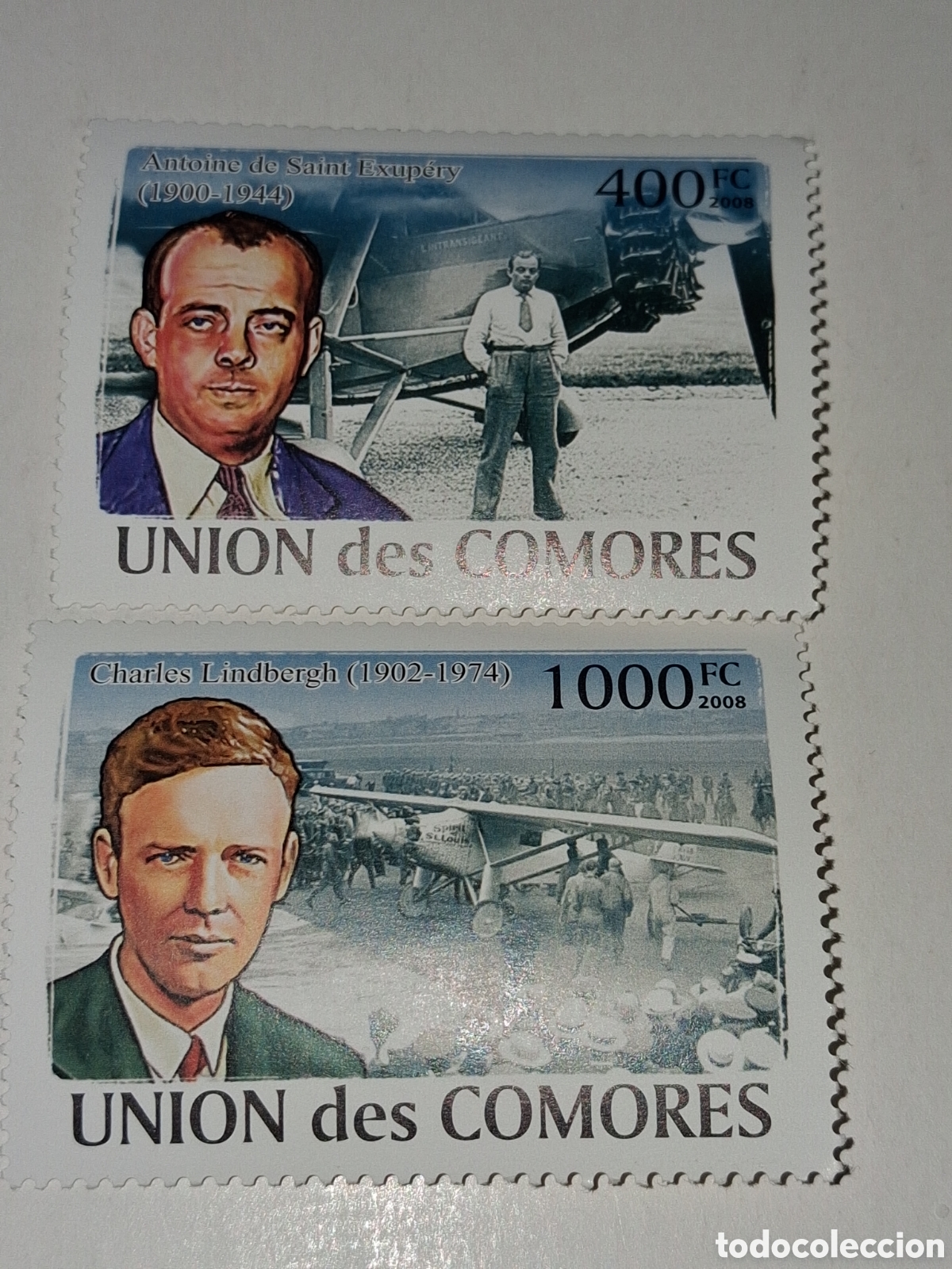 Sellos: Sello Comoras nuevo 2008. Pioneros aviacion. Pilotos. Aviones. Vuelos. Hangar. Avioneta.