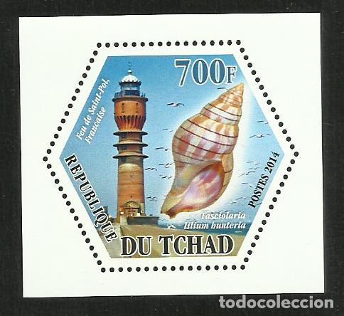 Sellos: TCHAD 2014 HOJA BLOQUE TEMATICA FAUNA MARINA- CARACOLES- FAROS DE SAINT POL FRANCIA- FARO