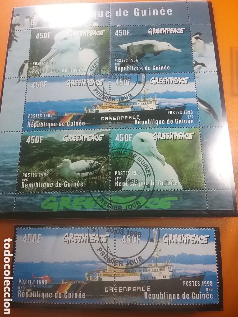 Sellos: Sello+HB R. Guinea mtda 1998. Albatros, gaviota. Ave. Fauna, naturaleza. Barco. Greenpeace. NoU.P.U?