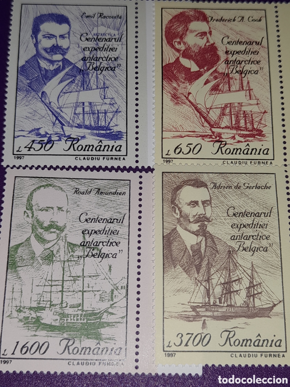 Sellos: Sello Ruman&iacute;a nuevo 1997. 100Aniv expedici&oacute;n ant&aacute;rtica belga. Veleros. Barcos. Exploradores. Cook.
