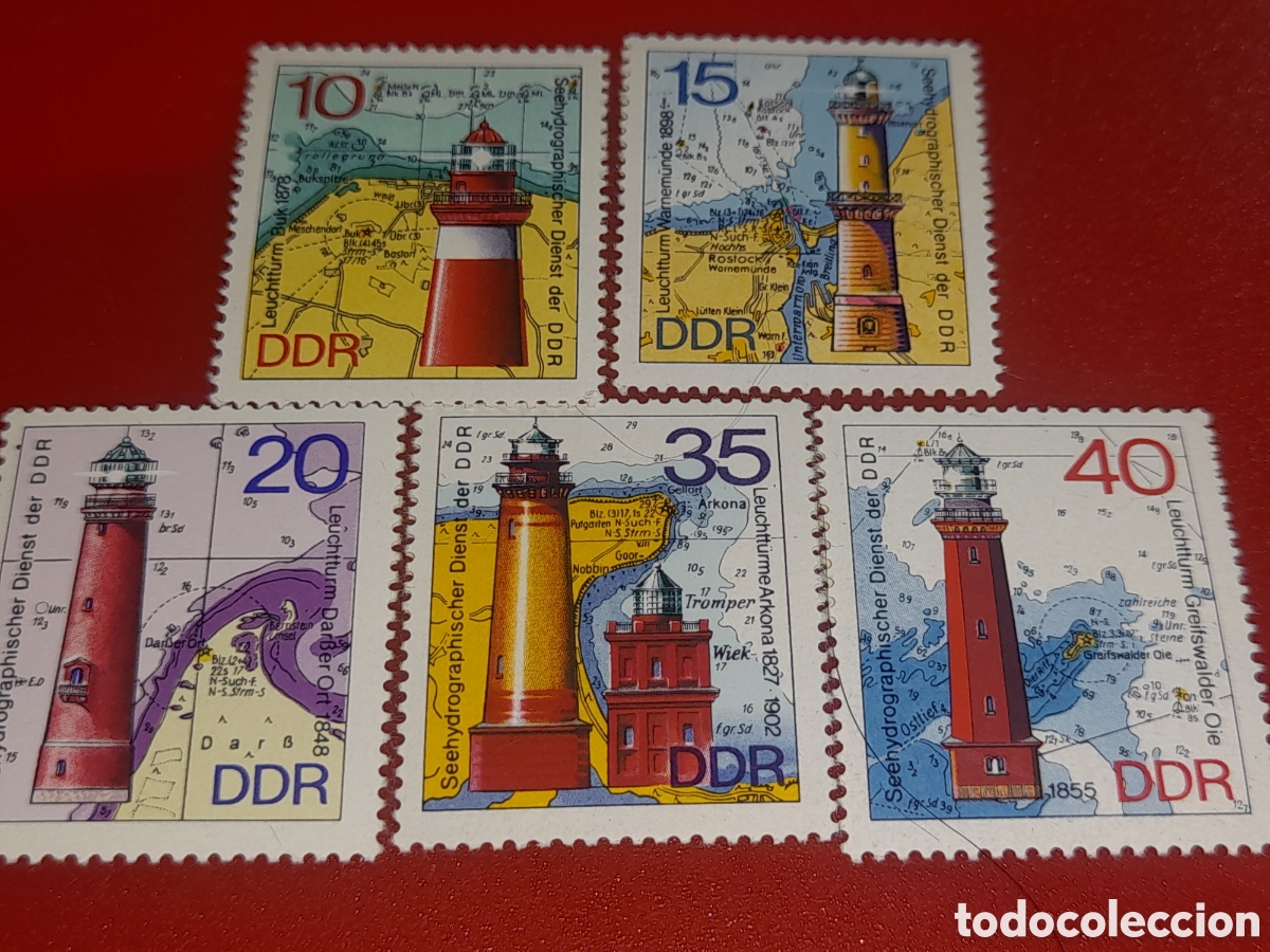 Sellos: Sello Alemania, DDR nuevo 1974. Faros. Costa. Arquitectura. Barcos. Cartograf&iacute;a. Mapa.