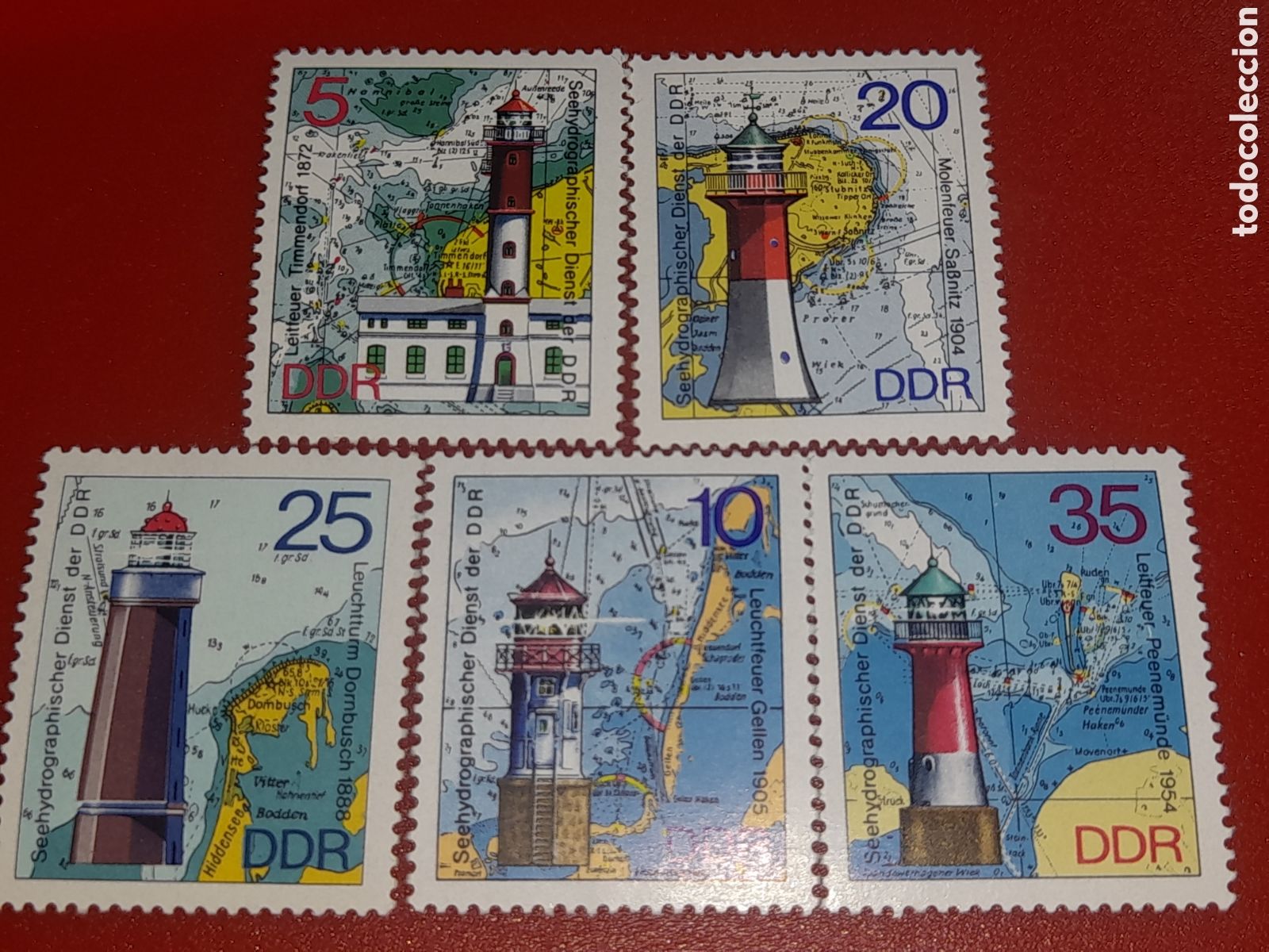 Sellos: Sello Alemania, DDR nuevo 1975. Faros. Costa. Arquitectura. Cartograf&iacute;a. Mapa. &Oacute;ptica. Carta Barcos