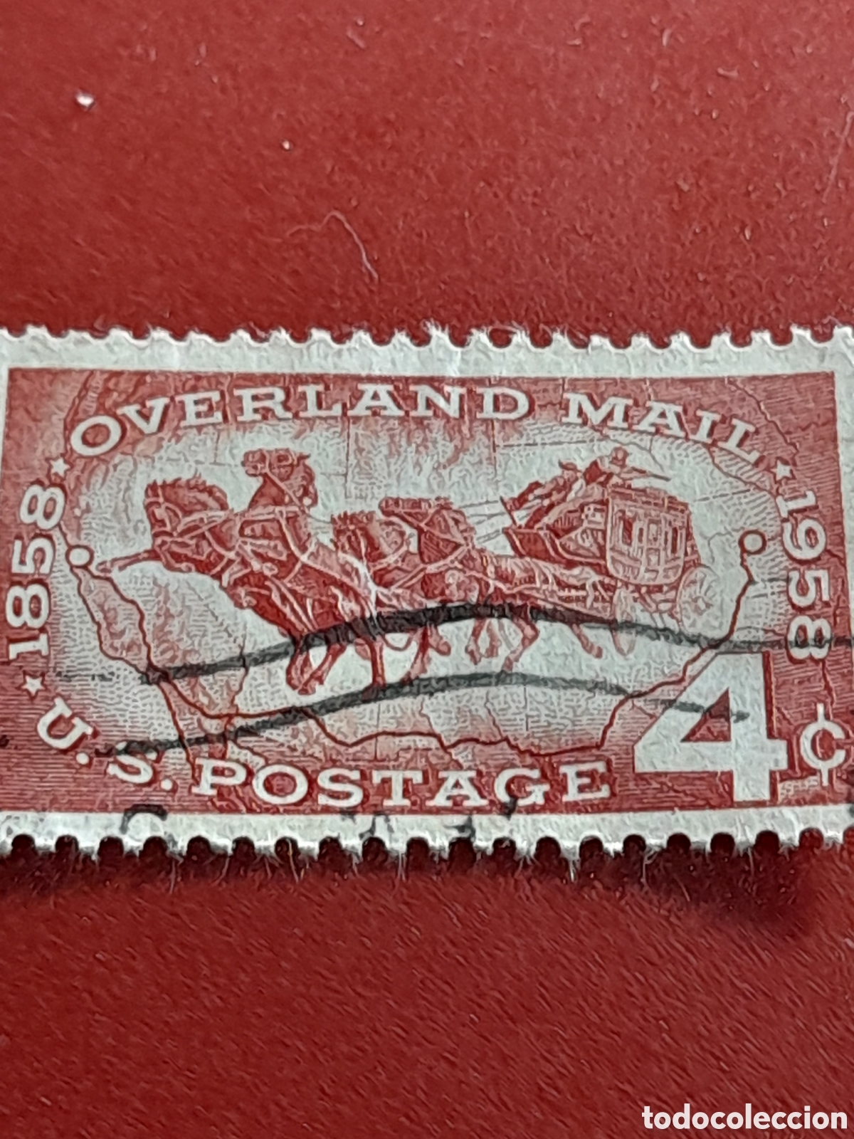 Sellos: Sello Estados Unidos mtdo/udo 1958. 100Aniv correo terrestre. Caballo. Carruaje. Carreta. Diligencia