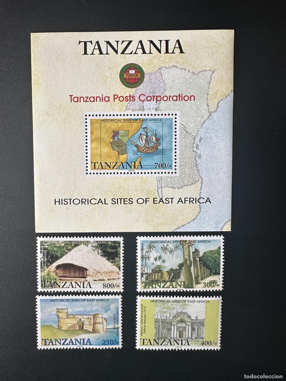 Sellos: Tanzania 2001 Mi. 4041 - 4044 Bl. 534 Barco de sitios hist&oacute;ricos &Aacute;frica Oriental