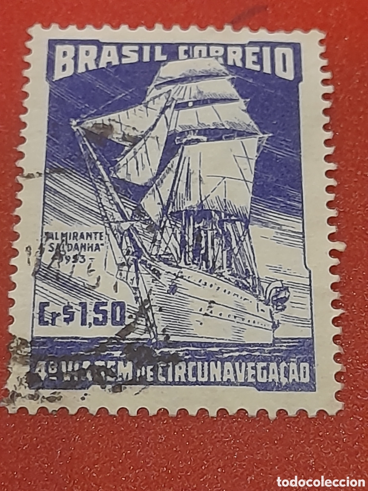 Sellos: Sello Brasil mtdo/udo 1953. 4 vuelta mundo velero Almirante Saldanha. Barco. Explorador. Historia.