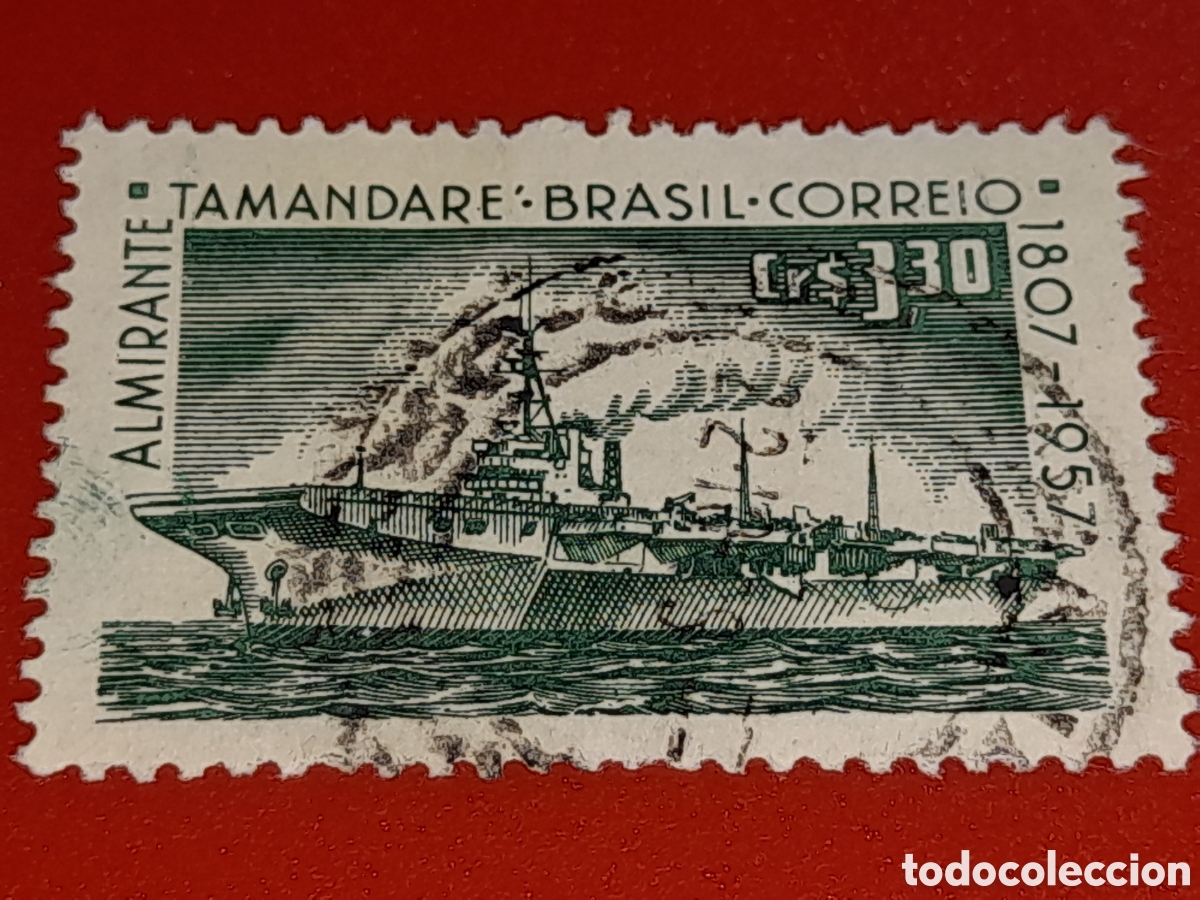 Sellos: Sello Brasil mtdo/udo 1958. 150Aniv nacimiento almirante Tamandare. Barco. Portaaviones. Buque. Nabi