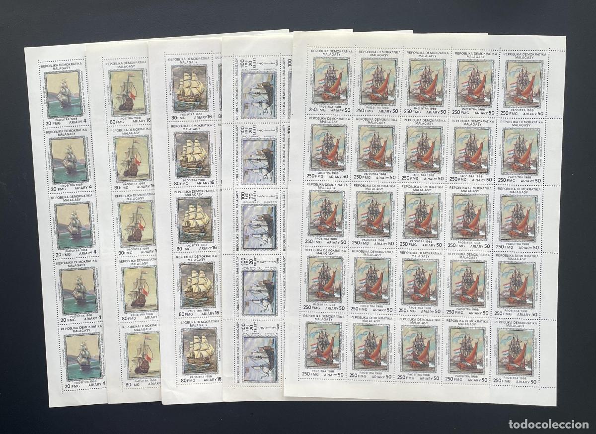Sellos: Madagascar 1988 YT 877-881 bloque barcos veleros nav&iacute;os antiguos