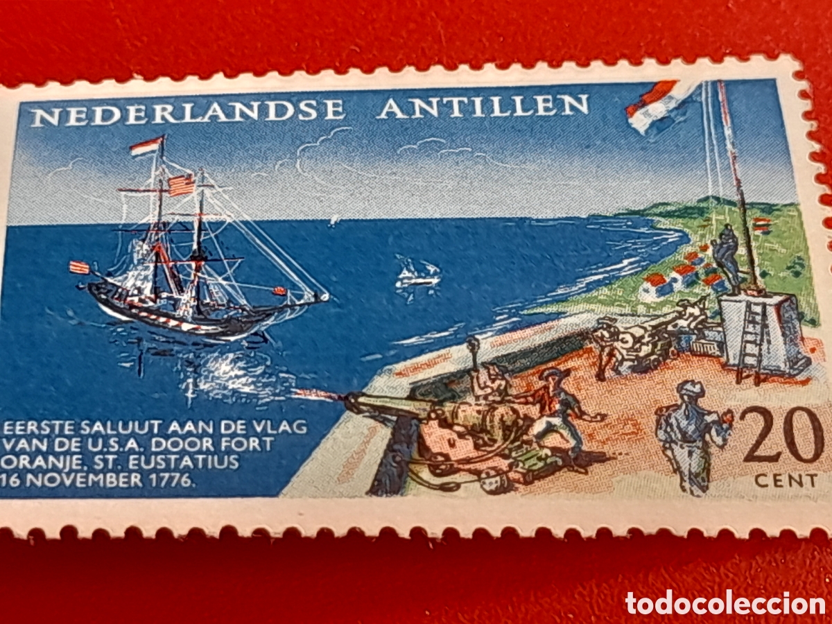 Sellos: Sello Antillas Holandesas nuevo 1961. 185Aniv llegada 1er barco EE.UU. Velero. Puerto. Bandera. Muel
