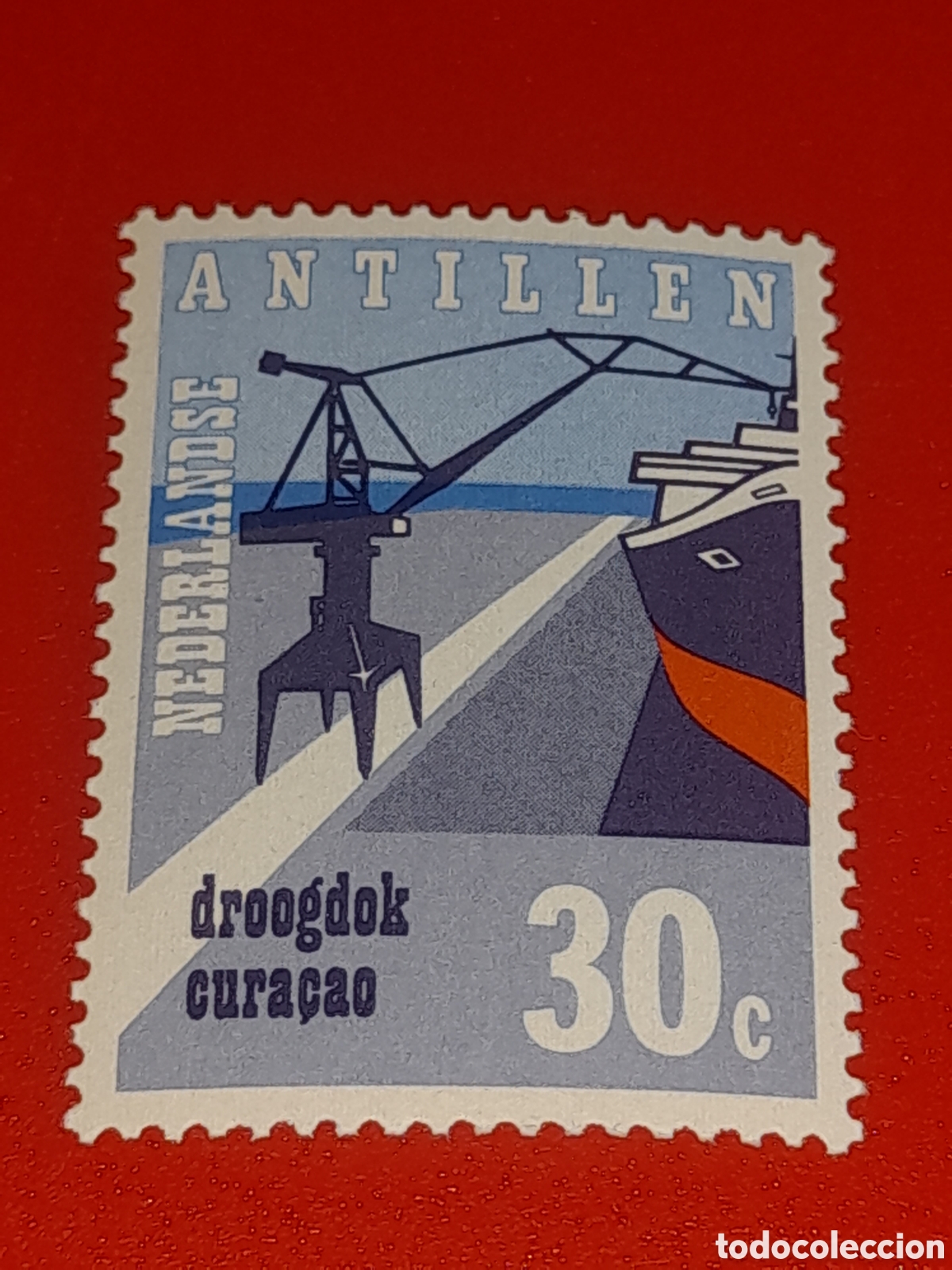 Sellos: Sello Antillas Holandesas nuevo 1972. Inauguraci&oacute;n puerto Willemstad. Pluma. Barco. Casquero.