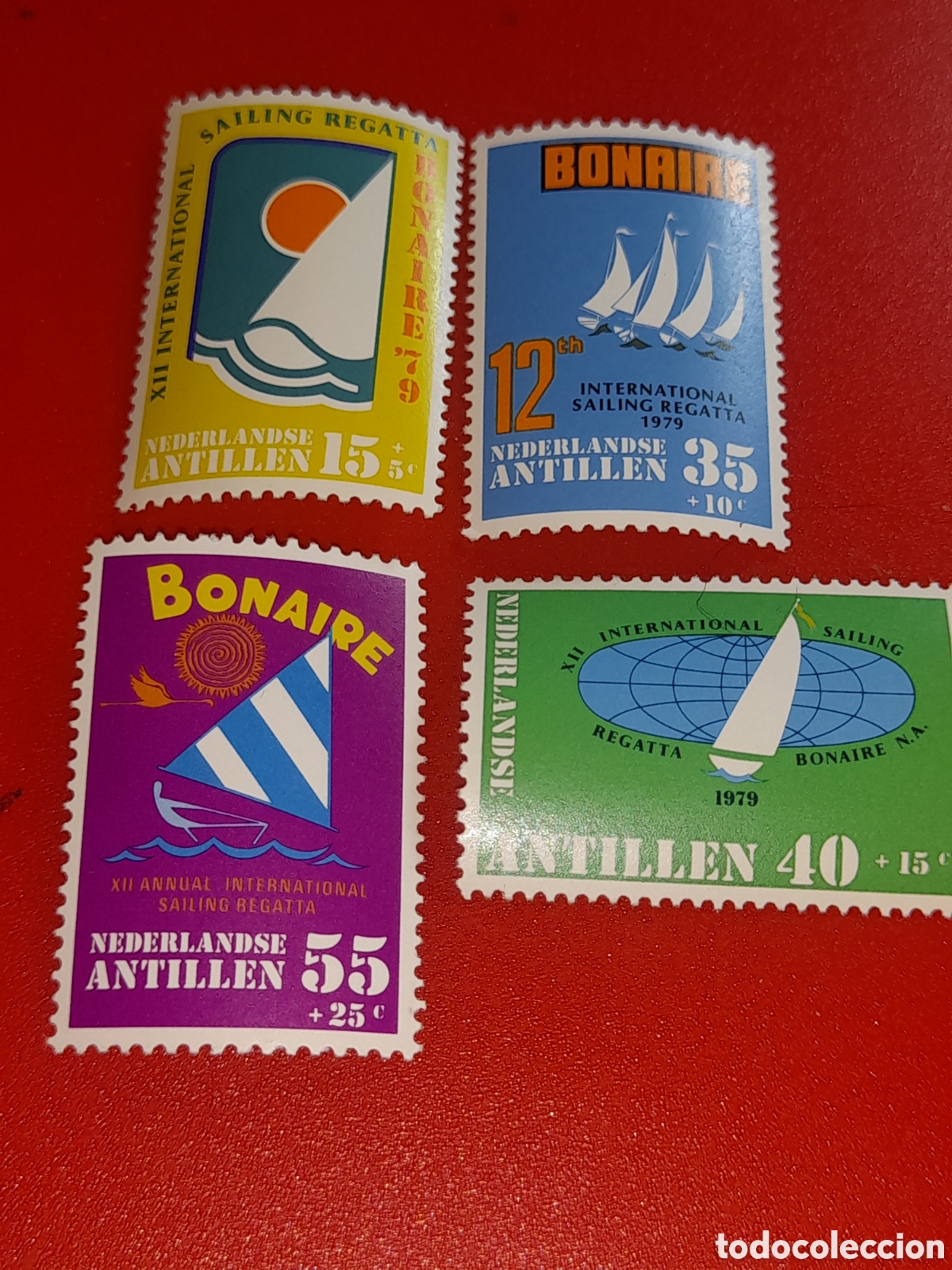 Sellos: Sello Antillas Holandesas nuevo 1979. 12 regata inter vela. Veleros. Deporte. Aves. Carrera. Globo t