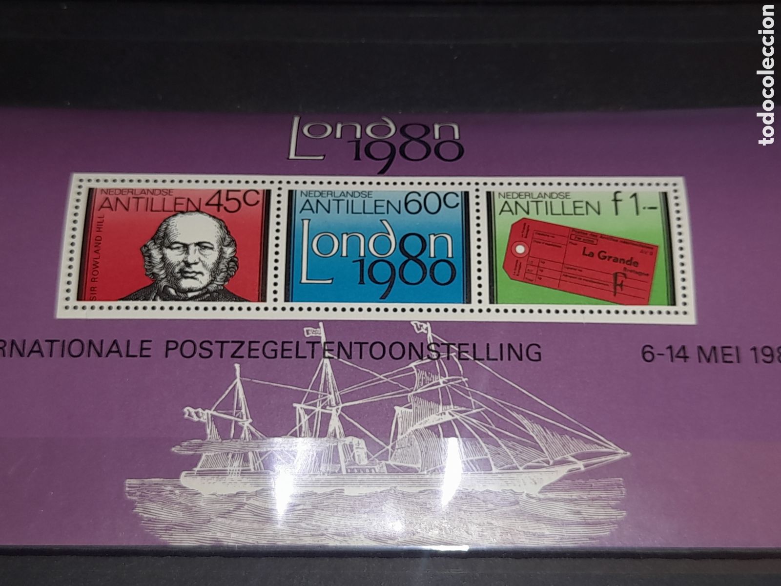 Sellos: HB Antillas Holandesas nuevo 1980. Exp Filt Inter. Londres,80. Emblema. Rowland Hill. Etiqueta Barco