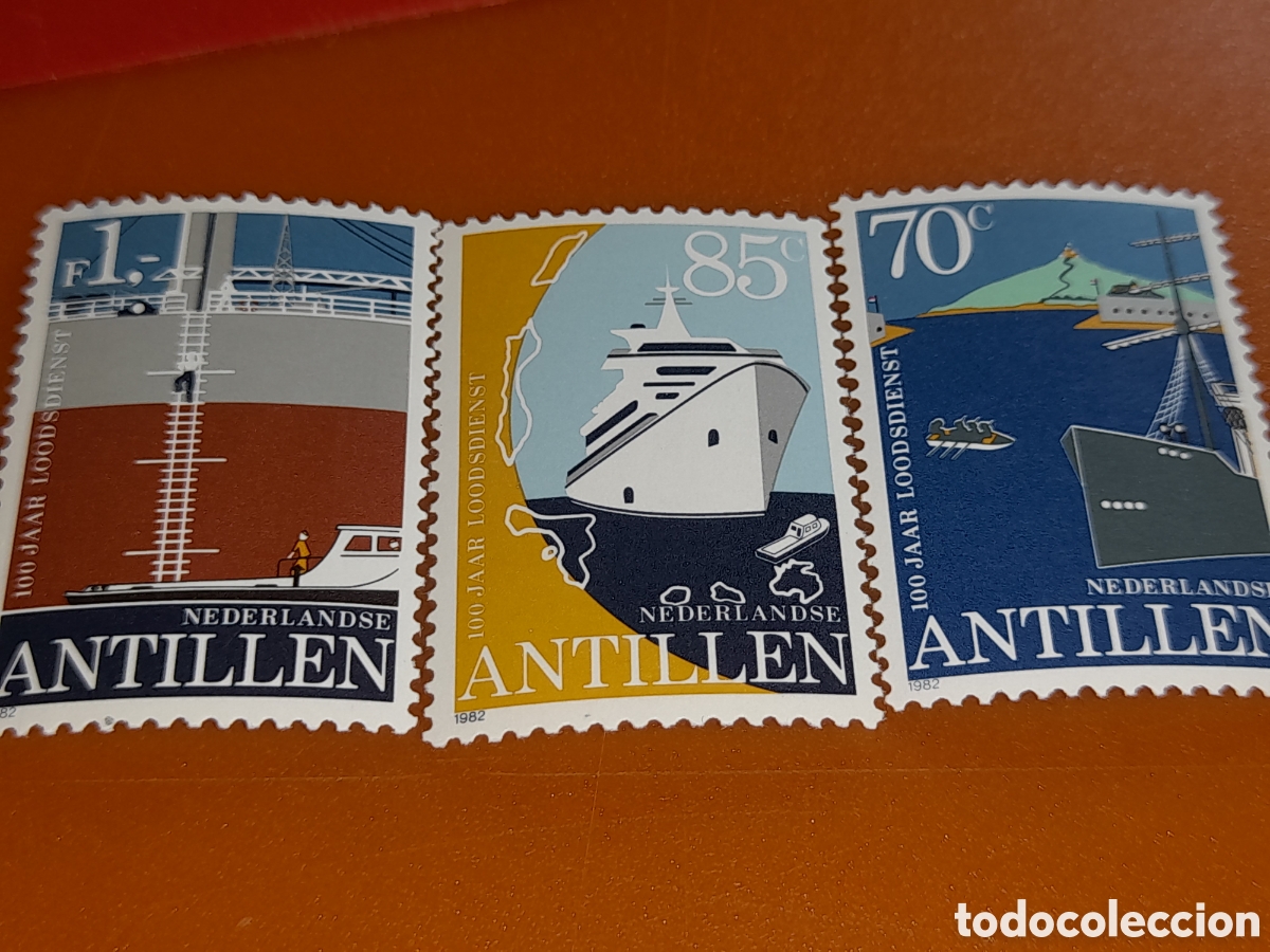 Sellos: Sello Antillas Holandesas nuevo 1982. 100Aniv pilotaje mar&iacute;timo. Barcos. Puerto. Cartograf&iacute;a. Volcan