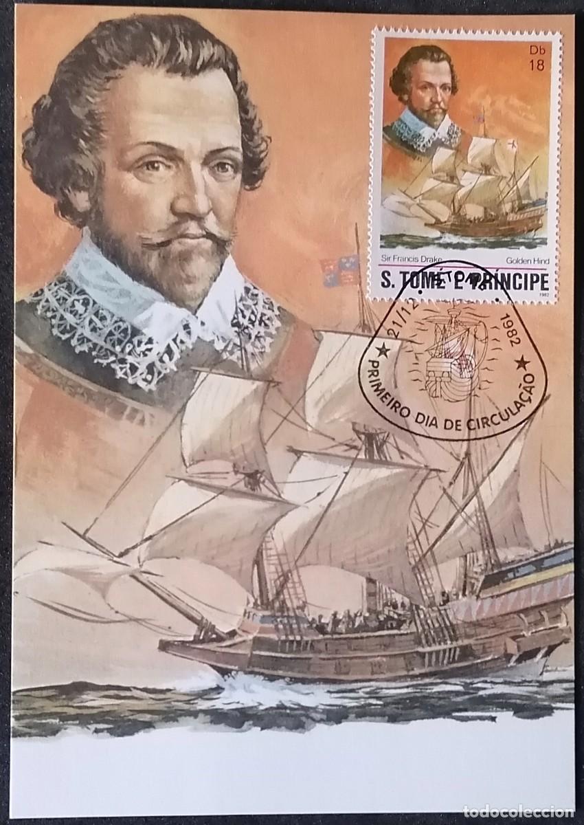 Sellos: SANTO TOM&Eacute; 1982 - TARJETA M&Aacute;X / SIR F. DRAKE .