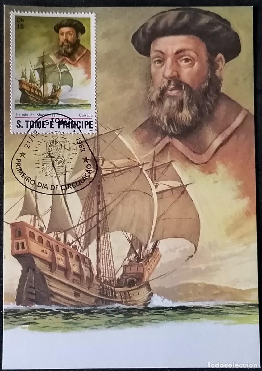 Sellos: SANTO TOM&Eacute; 1982 - TARJETA M&Aacute;X / F. DE MAGALLANES .