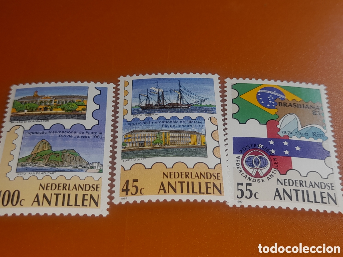 Sellos: Sello Antillas Holandesas nuevo 1983. Exp Filt Inter Brasiliana. Bandera. Barco. Velero. Naturaleza.