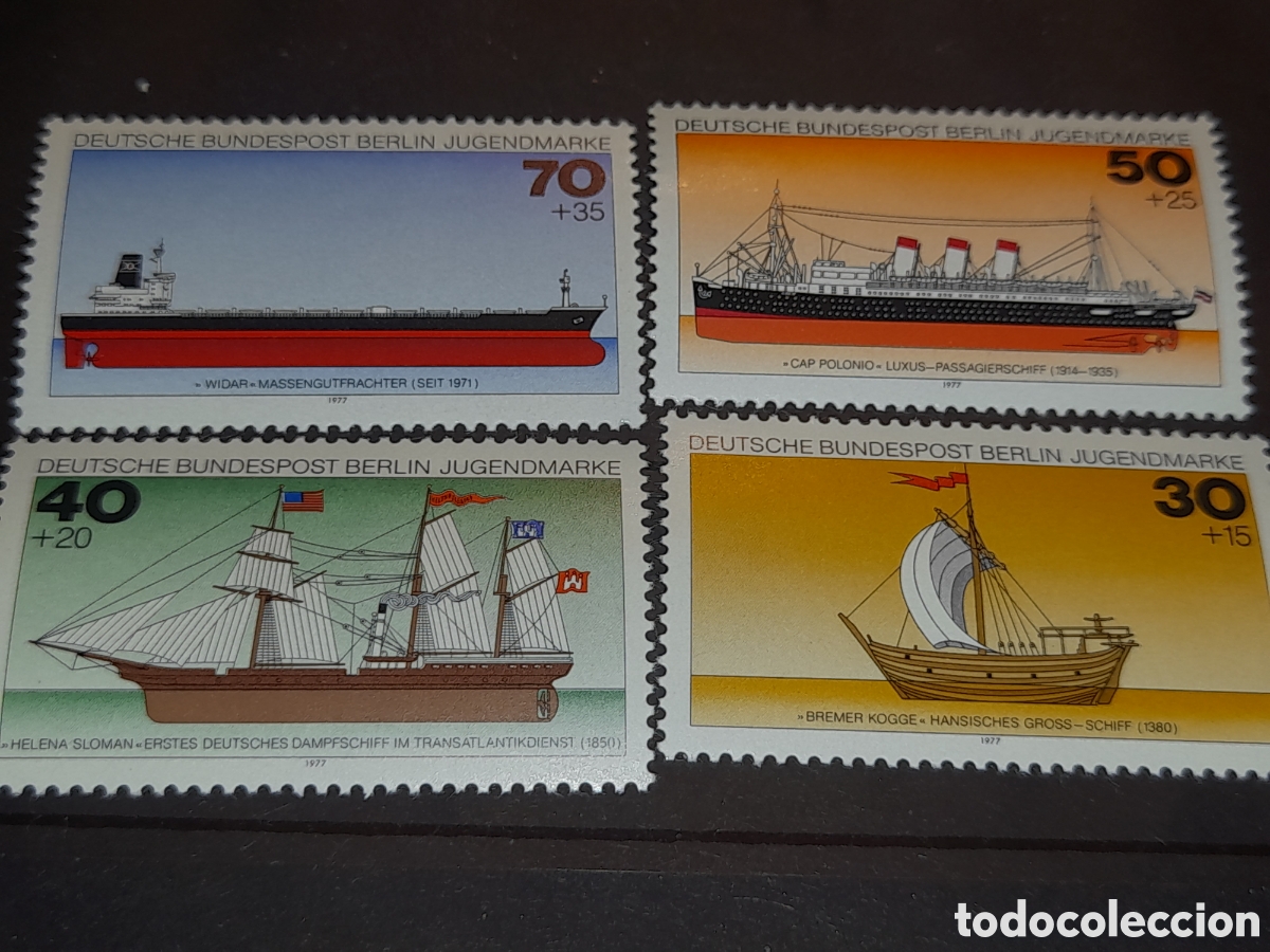 Sellos: Sello Alemania, Berlin nuevo 1977. Barcos. Veleros. Fragata. Buque. Navio mercante. Bandera. Petrole