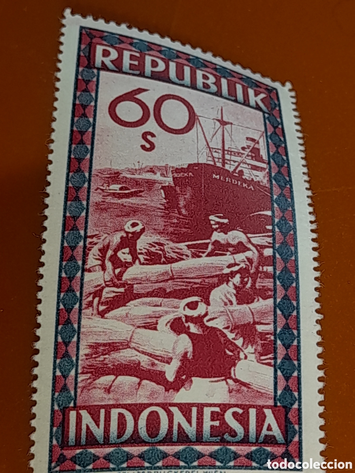 Sellos: Sello (1/5v) Indonesia nuevo 1949. Fin bloqueo naval Holandes. Barco. Velero. Puerto. Mercanc&iacute;a. Sac