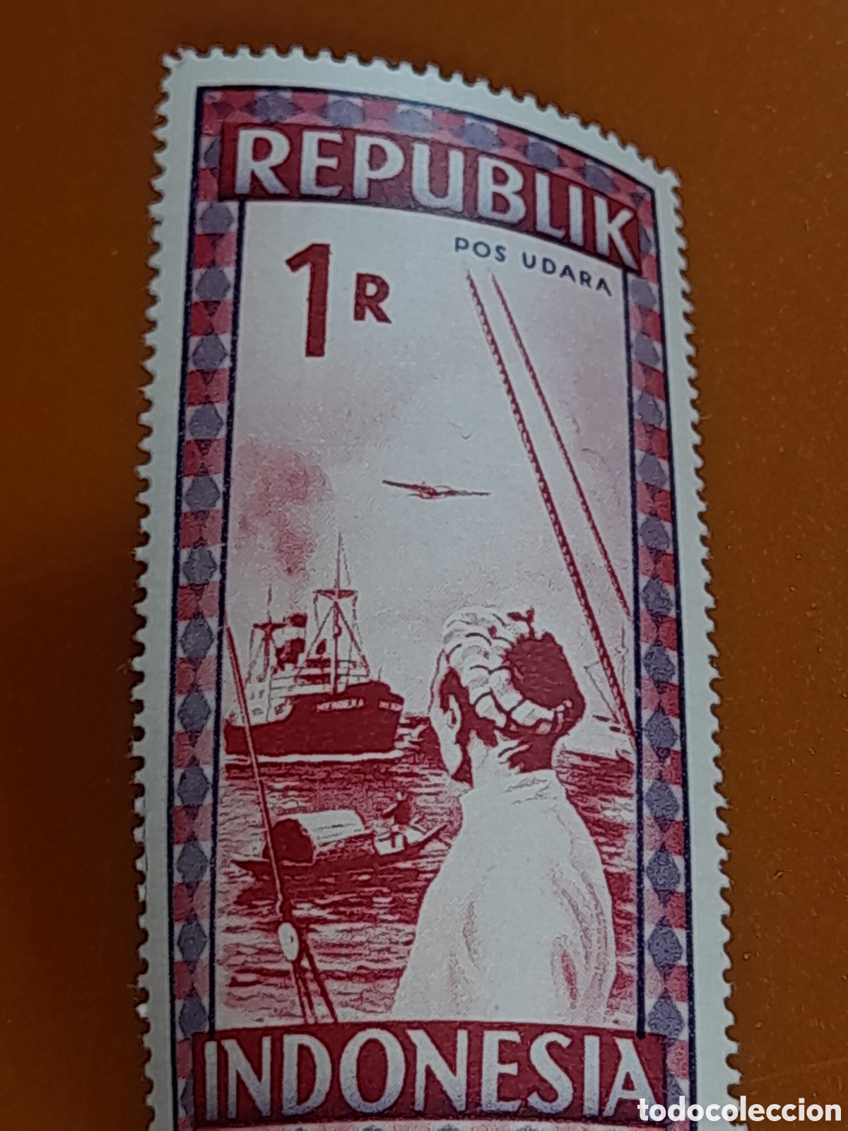 Sellos: Sello (1/5v) Indonesia nuevo 1949. Fin bloqueo naval Holandes. Barco. Velero. Puerto. Aviones.