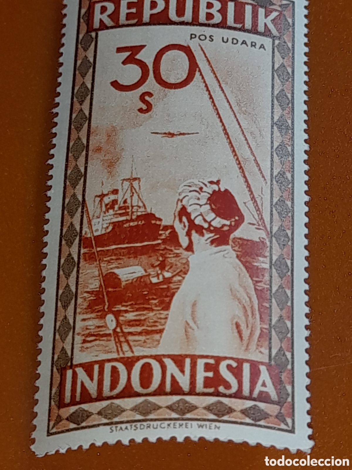 Sellos: Sello (1/5v) Indonesia nuevo 1949. Fin bloqueo naval Holandes. Barco. Velero. Puerto. Aviones.
