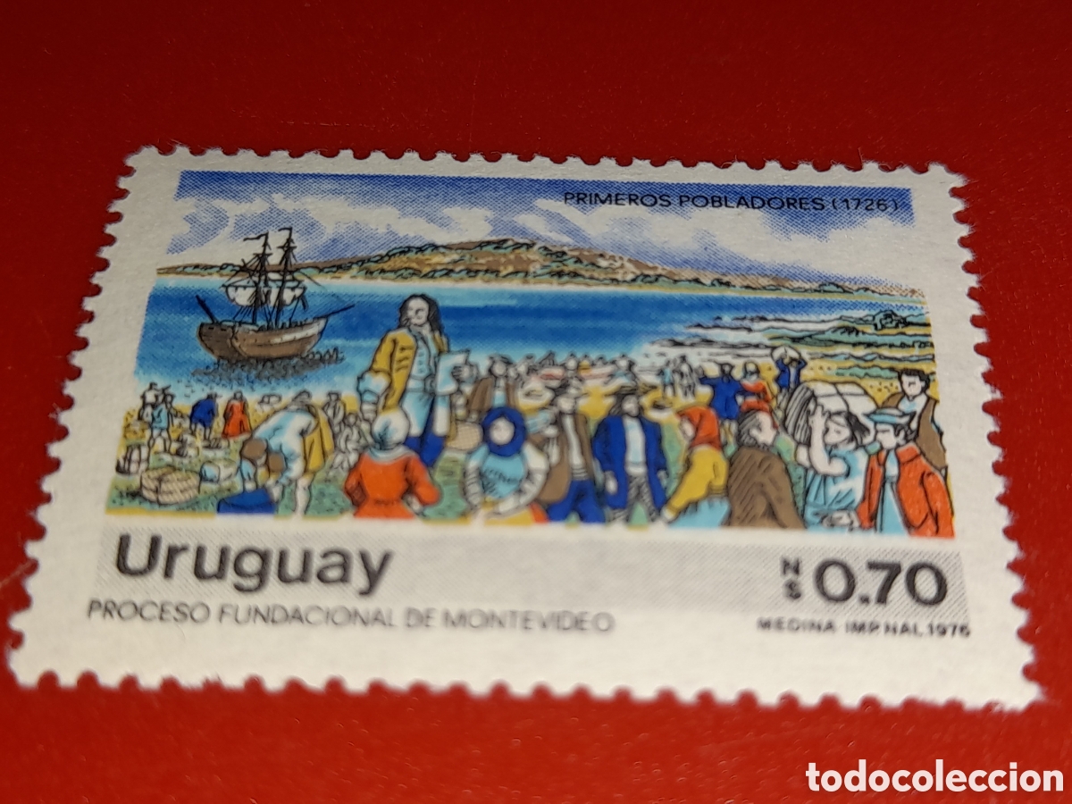 Sellos: Sello (1/5v) Uruguay nuevo 1976. 250Aniv Fundaci&oacute;n Montevideo. Barco. Costa. Velero. Naturaleza.