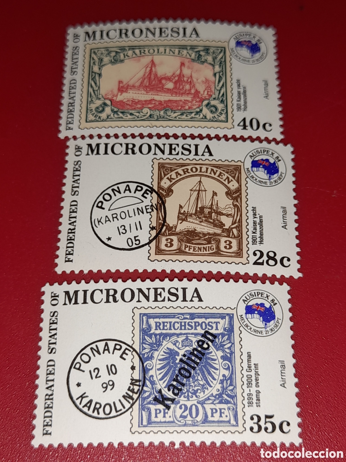 Sellos: Sello Micronesia nuevo 1984. Exp Filt Inter. Australia,84. Barco. Volc&aacute;n. Velero. Historia.