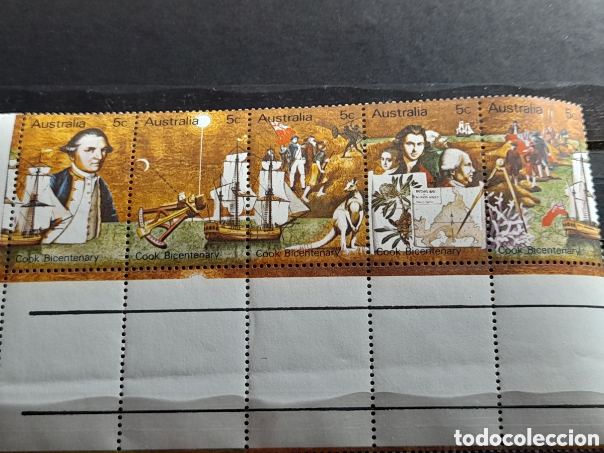 Sellos: Sello Australia nuevo 1970. 200Aniv llegada Cook. Explorador. Barco. Velero. Canguro. Soldado. Unifo