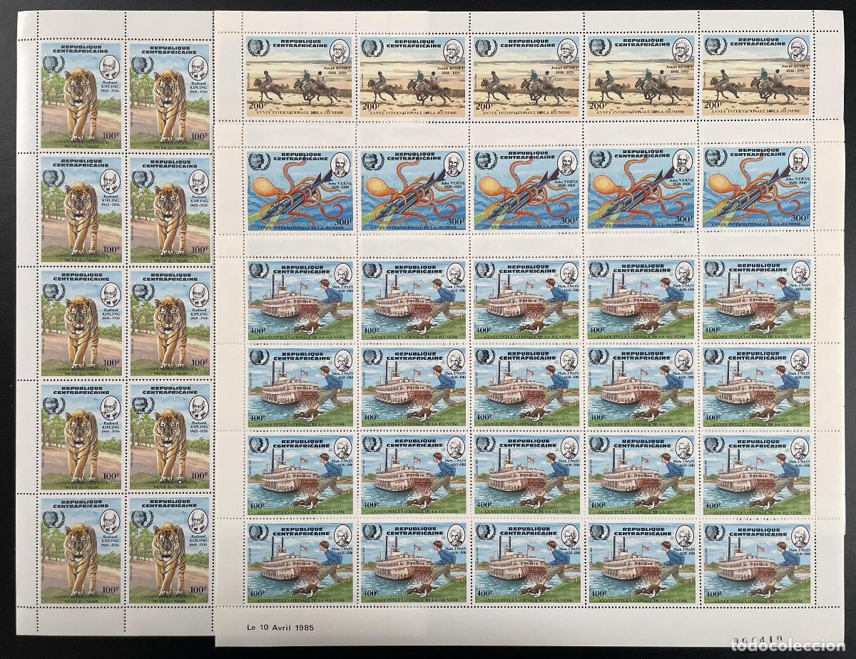 Stamps: Centroafricano 1985 YT 666-669 tabl&oacute;n a&ntilde;o juvenil Twain Verne barco tigre
