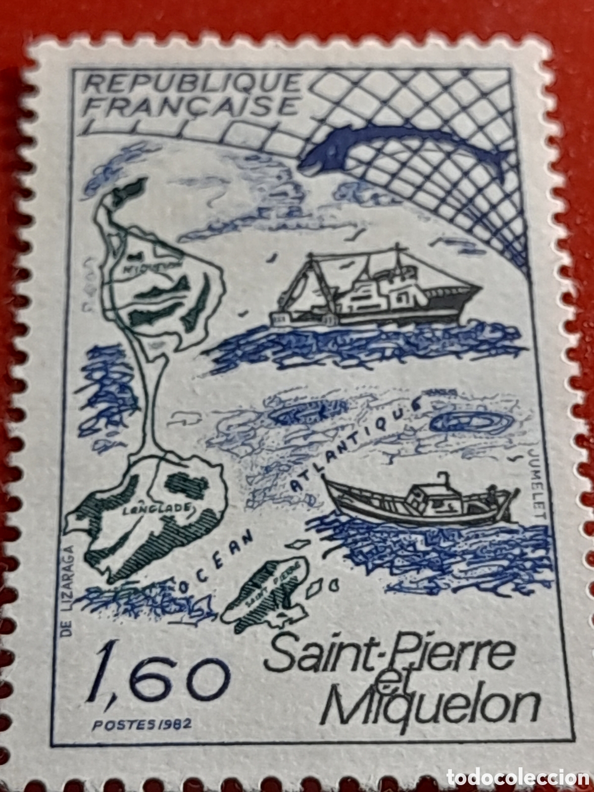 Sellos: Sello Francia nuevo 1982. San Pierre Miquelon. Cartograf&iacute;a. Barco. Pesquero. Flota. Isla. Naturaleza