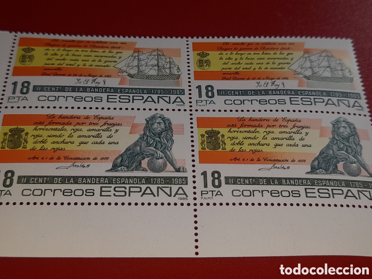 Sellos: Sello Espa&ntilde;a nuevo 1985. 200Aniv bandera. Le&oacute;n. Forja. Artesan&iacute;a. Barco. Velero. Escudo armas.