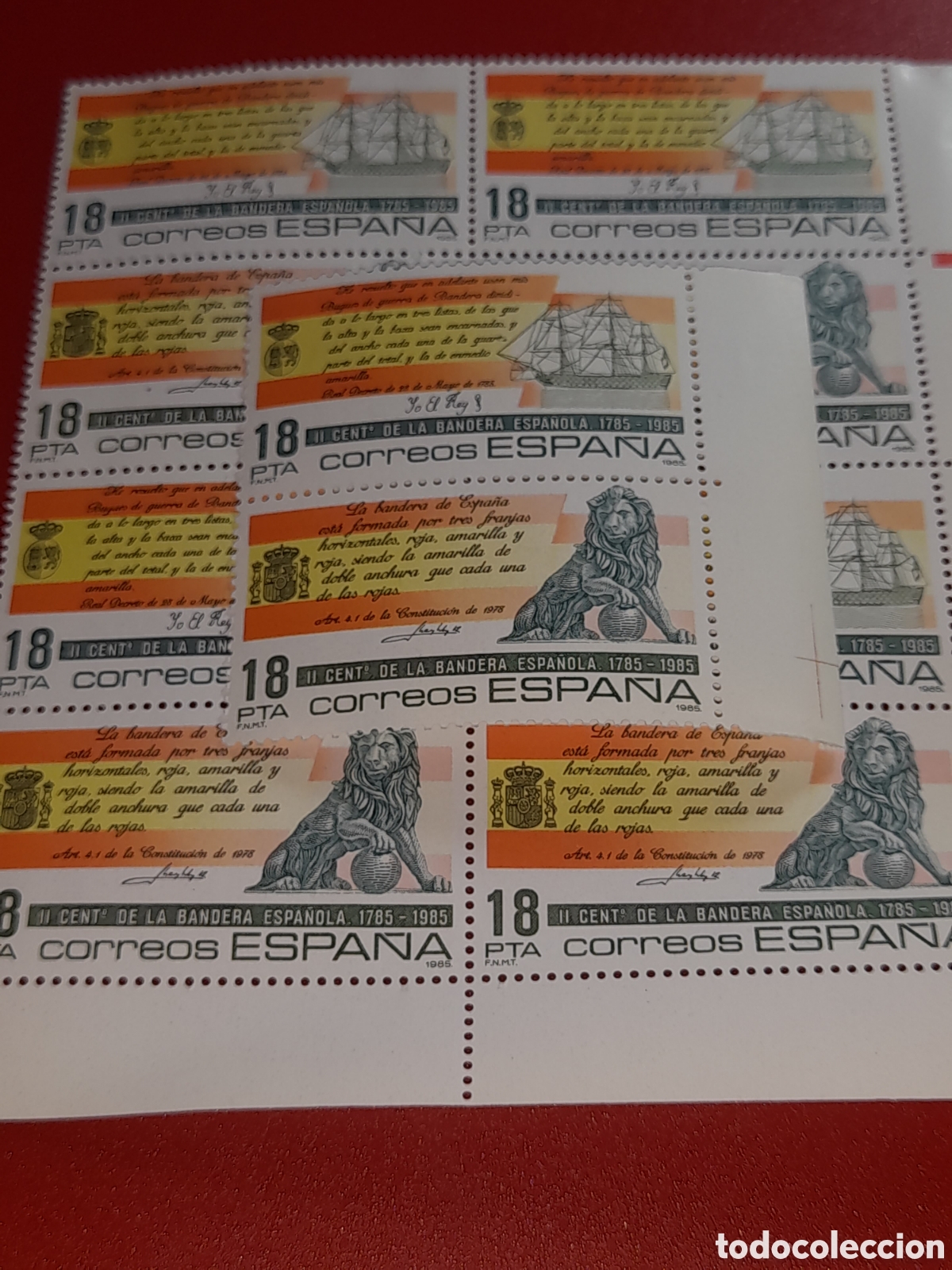 Sellos: Sello Espa&ntilde;a nuevo 1985. 200Aniv bandera. Le&oacute;n. Forja. Artesan&iacute;a. Barco. Velero. Escudo armas.