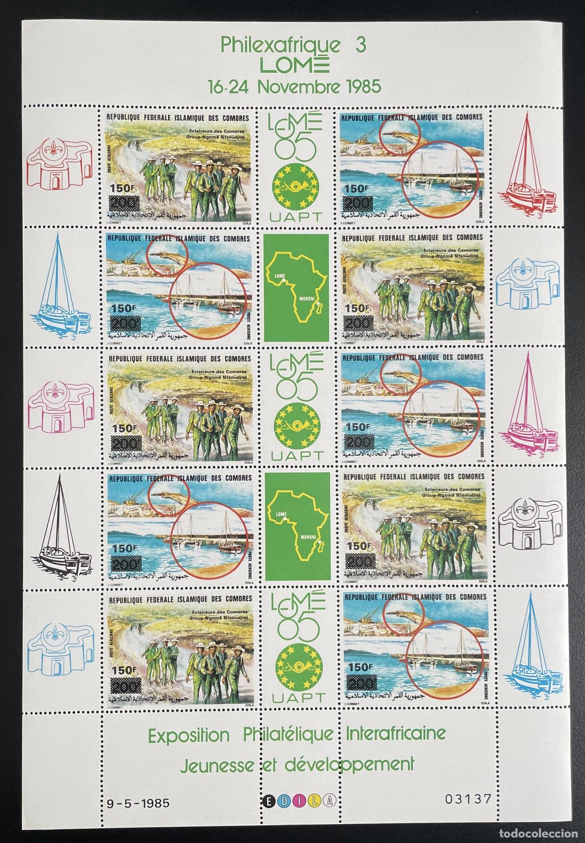 Sellos: Comoras 1989 T PA 282-283 tabl&oacute;n Philexfrique Lom&eacute; scouts