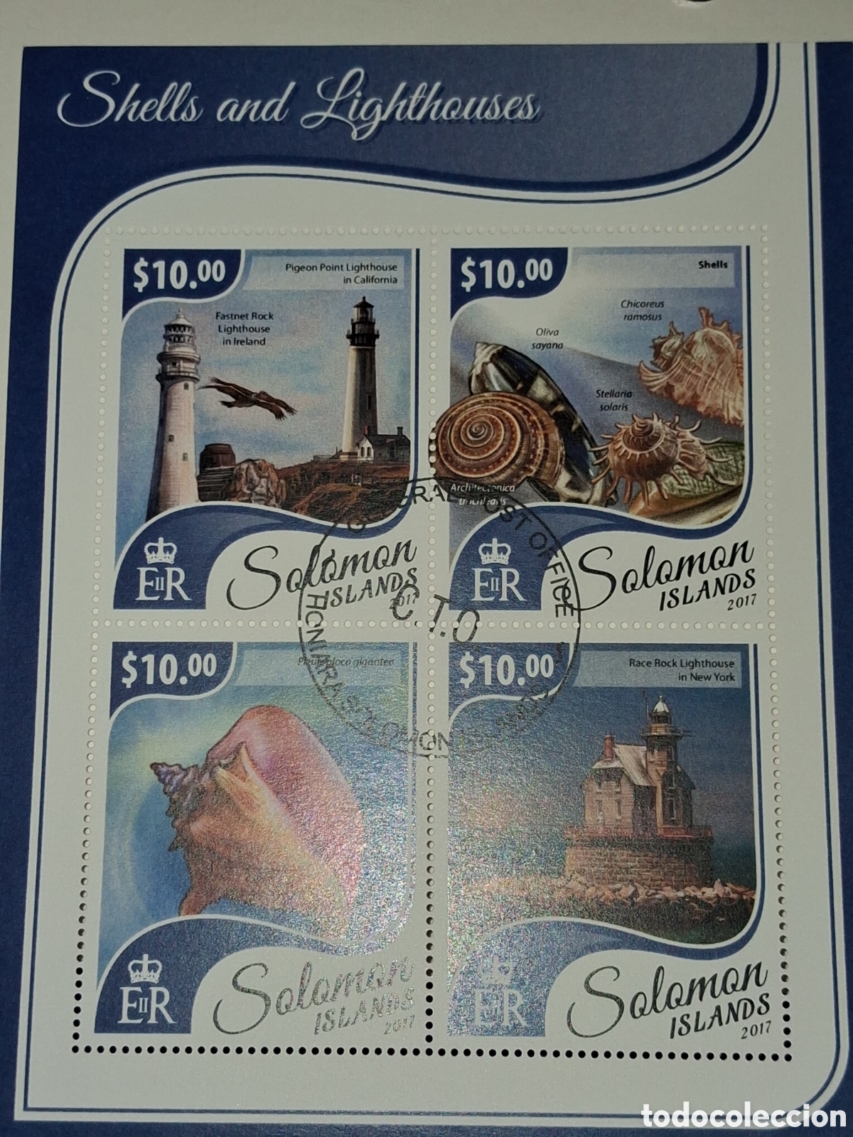 Sellos: HB Salom&oacute;n mtdo 2017. Faros. Barcos. Arquitectura. Costa. Moluscos. Fauna marina. Concha. Caracol.