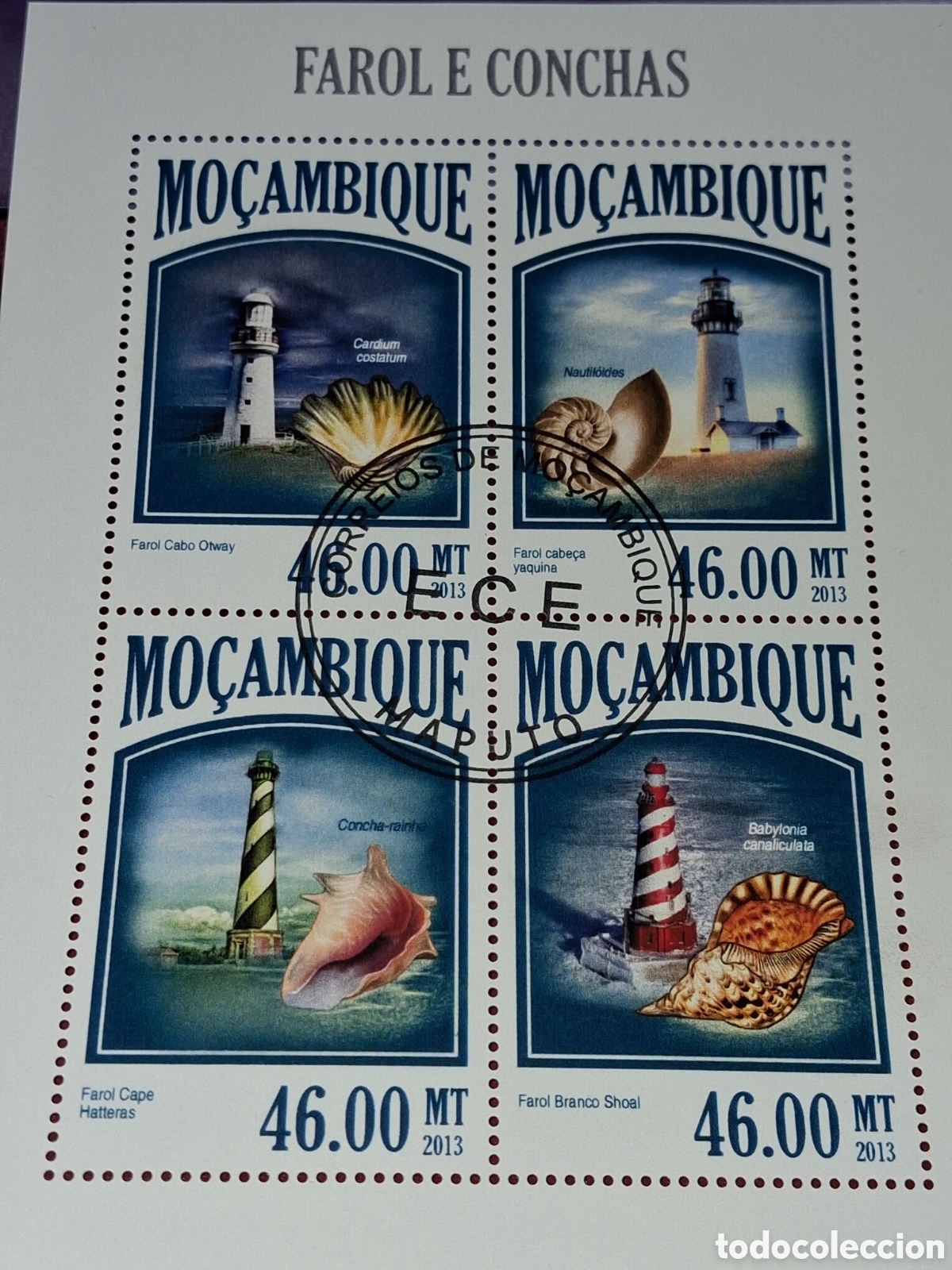 Sellos: HB Mozambique mtdo 2013. Faros. Arquitectura. Barcos. Costa. Moluscos. Fauna, vida marina. Caracol.