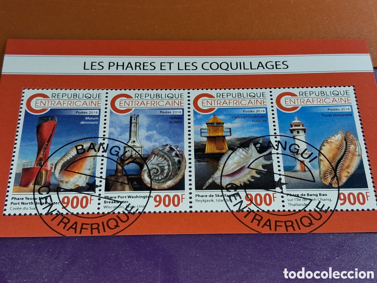 Sellos: HB Centroafricana mtdo 2018. Faros. Costa. Acantilado. Barcos. Arquitectura. Moluscos. Concha. Fauna