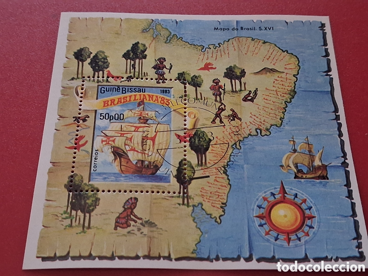 Sellos: HB Guinea Bissau mtdo 1983. Exp Filt Inter. BRASILIANA. Cartograf&iacute;a. &Aacute;rboles. Barco. Velero.