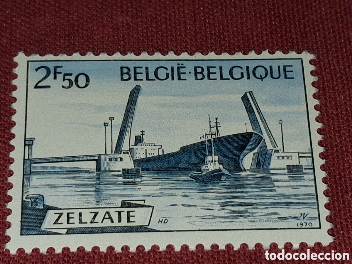 Sellos: Sello (1/2v) B&eacute;lgica nuevo 1970. Barco. Carguero. Navio. Buque. Puerto. Pluma. Esclusa