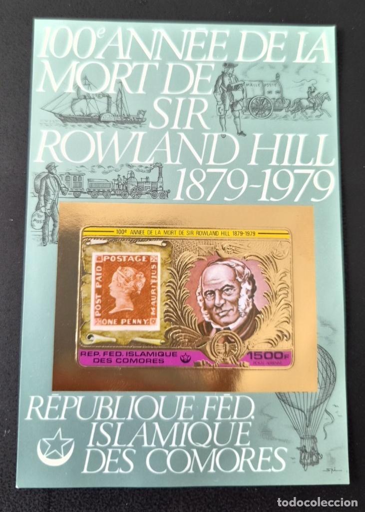 Sellos: Comoras 1979 Mi. Bl. 199B ND Rowland Hill Penny Red oro tren globo