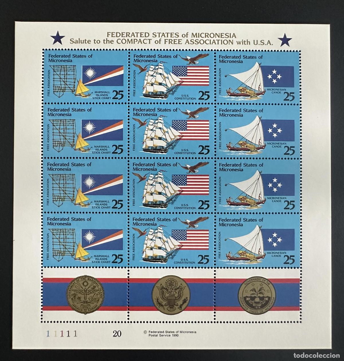 Sellos: Micronesia 1990 Mi. 196-198 emisi&oacute;n conjunta libre asociaci&oacute;n EE.UU. barco