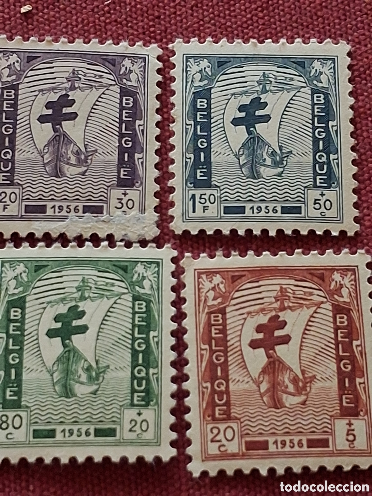Sellos: Sello (4/7v) B&eacute;lgica nuevo 1956. Pro tuberculosis. Barcos. Veleros. Flota. Navio. Buque. Cruz Lorena