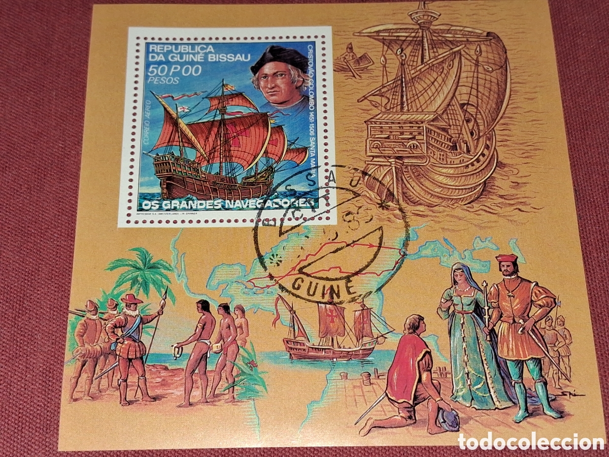 Sellos: HB Guinea Bissau mtdo 1981. Descubridores. Exploradores. Velero. Col&oacute;n. Barco. Cartografia. Ind&iacute;gena