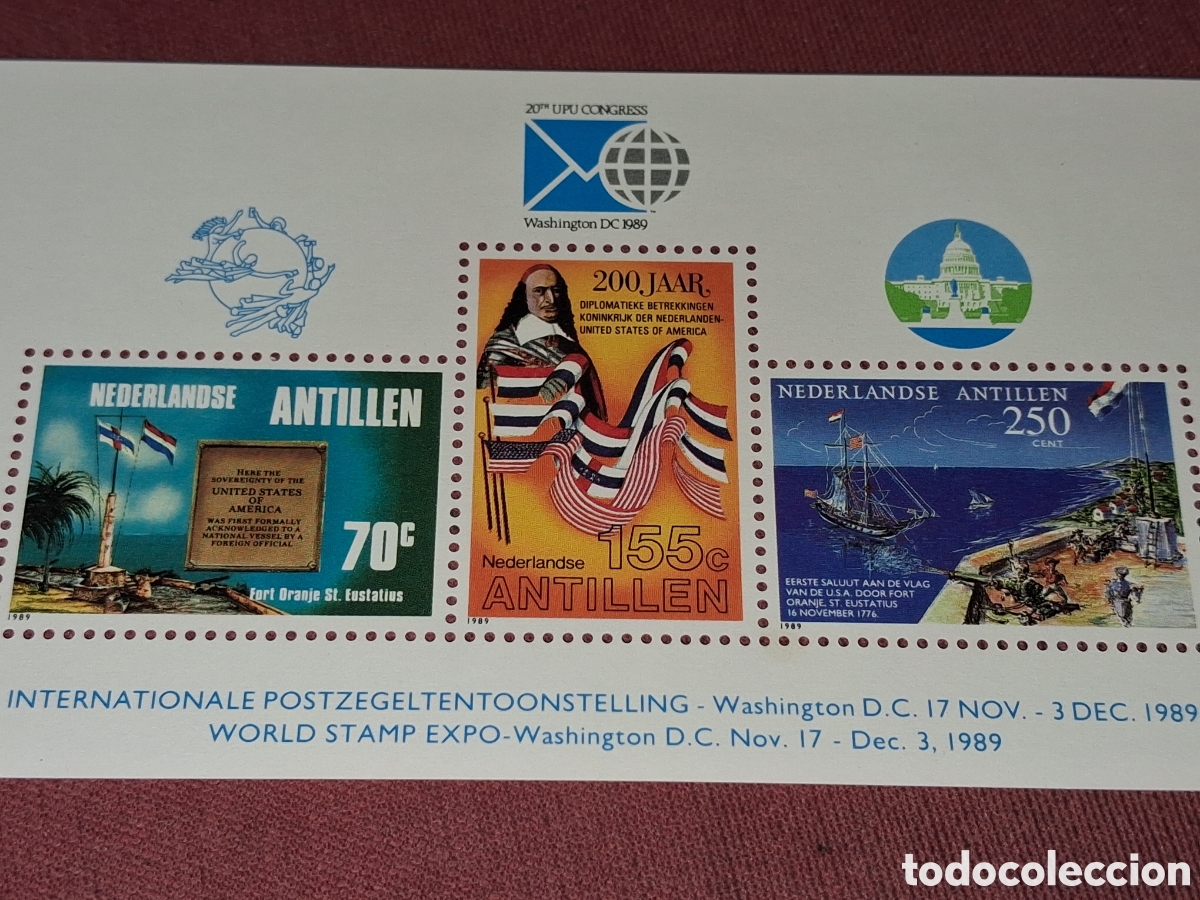 Sellos: HB Antillas Holandesas nuevo 1989. Exp Filt Inter. Washington. Bandera. Monumento. Velero. Militar.