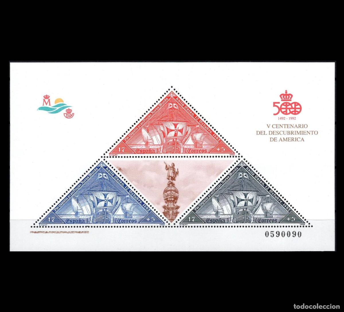 Sellos: Espa&ntilde;a 1992 | V cent. Descubrimiento de Am&eacute;rica / Carabelas | Ed 3163 - Yv BF48 - Mi BL42 MNH **
