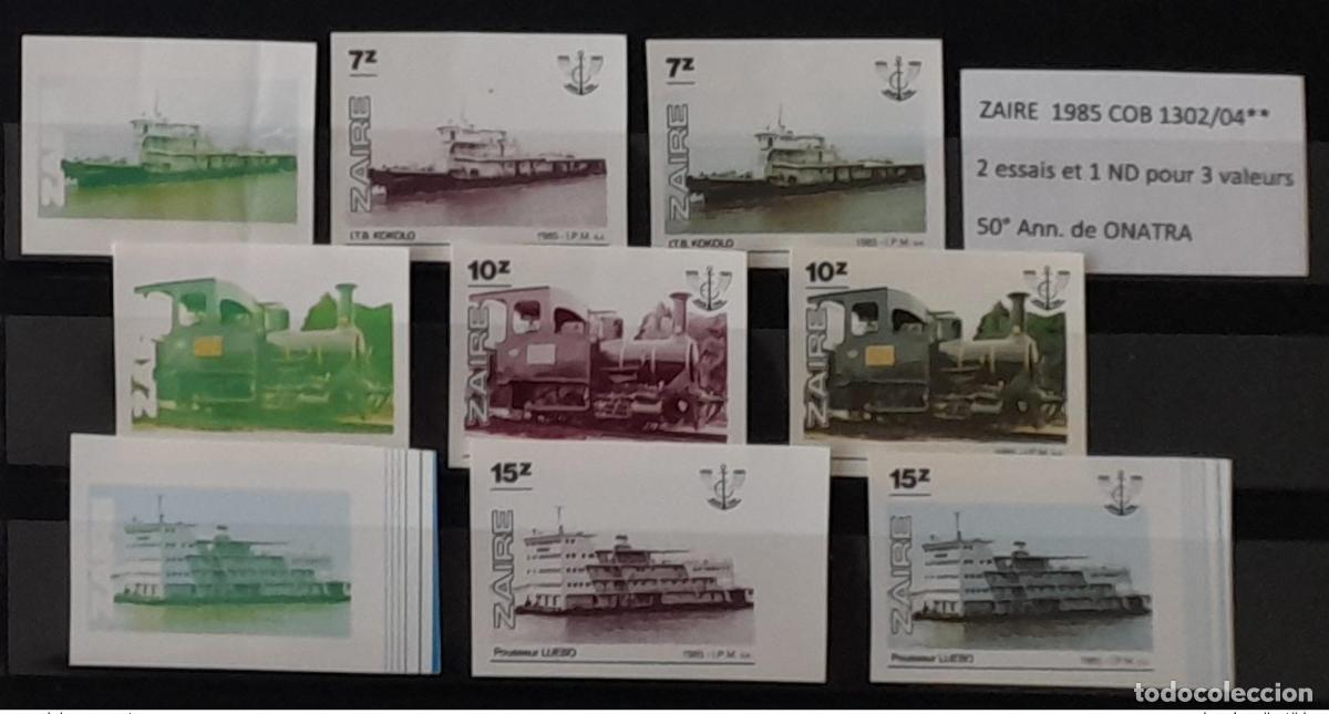 Sellos: Barco de tren COB 1302 - 1304 Congo Zaire 1985 pruebas color IMPERF ND ONATRA